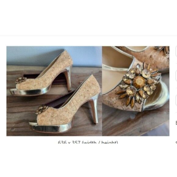 Antonio Melani Gold & Cork High Heel 4" Amber Jeweled size 7 M EUC - Picture 1 of 16